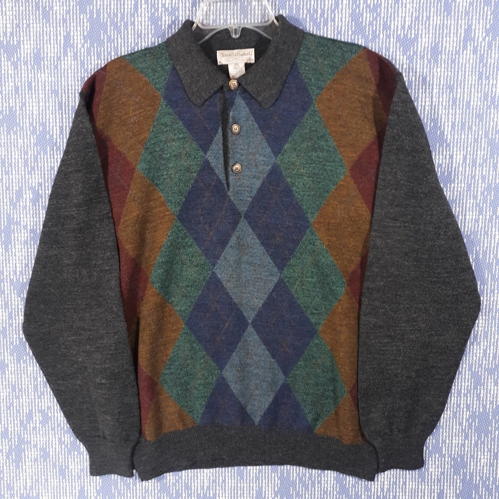 Tricots St. Raphael‎ Sweater Mens L Pure New Wool Collared Button Up Gray Argyle